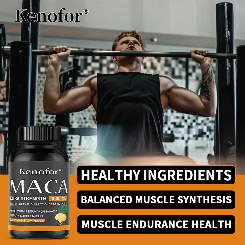 كبسولات الماكا العضوية، تحتوي على مستخلصات جذر الماكا باللون الأسود والأحمر والأصفر لتعزيز الطاقة والقدرة على التحمل وكتلة العضلات