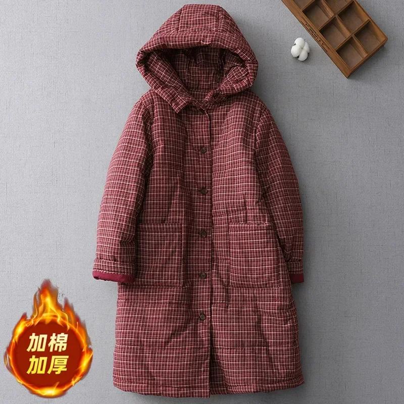 2025 Winter Fashion New Women's Hooded Cotton Jacket Commuter Grid Oversized Parker