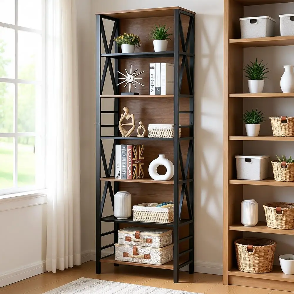 

7-ярусная книжная полка, дерево и металл в стиле рустик, открытый стеллаж для дома, офиса, гостиной, спальни, винтажный коричневый