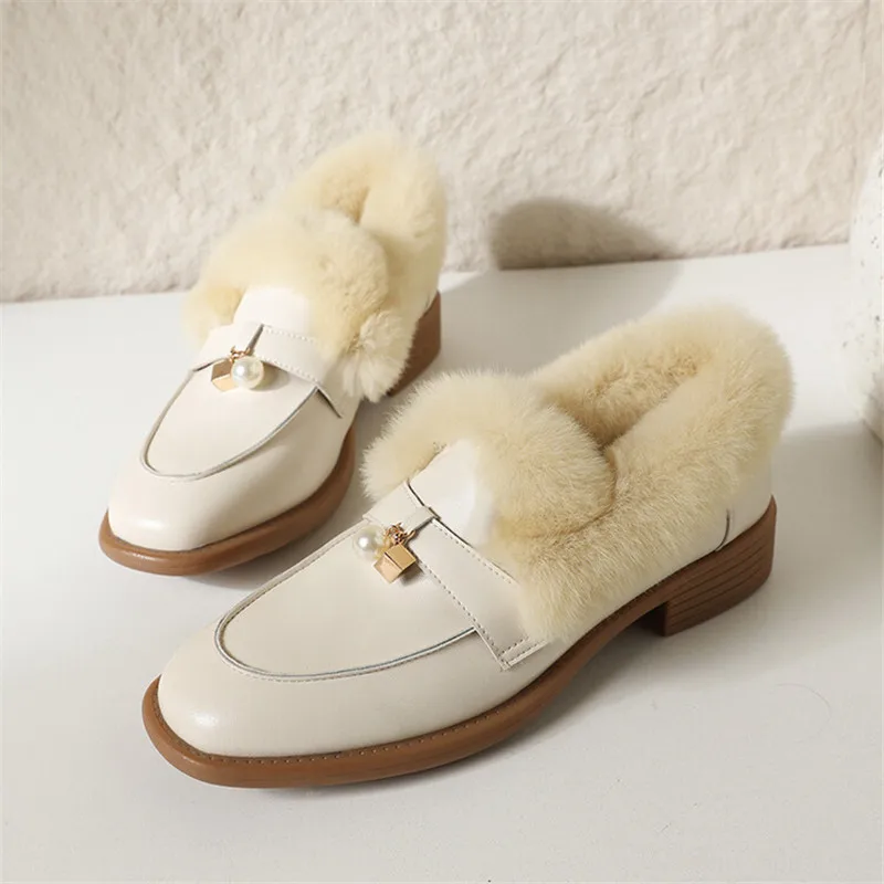 

2023 Autumn/Winter Sheepskin Loafers Round Toe Low Heel Women Pumps Warm Plush Shoes for Women Zapatos Mujer Rabbit Hair Shoes