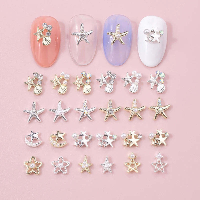 10Pcs Hollow Star Nail Art Charms 3D Alloy Five-Pointed-Star Silver Crystal Diamond Nail Decoration Luxury Manicure Accessories