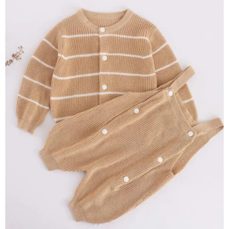 

Children Clothes Suit Long Sleeve Knitted Striped Cardigan Coat+Jumpsuit Spring Autumn Toddler Baby Boys Girls Clothing Set