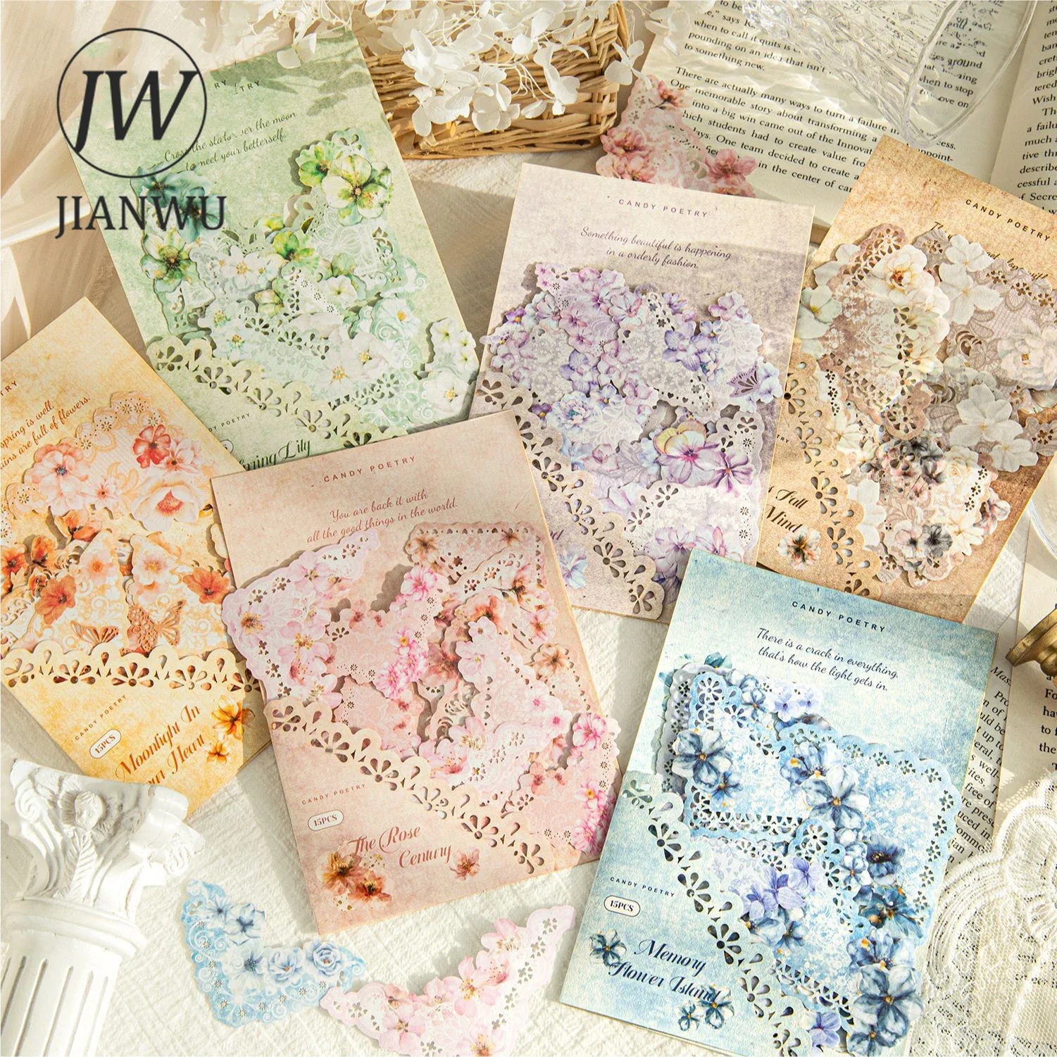 JIANWU Flower Blossoming Corner Series Vintage Lace Butterfly Landscape Material Collage Sticker Creative DIY Journal Stationery