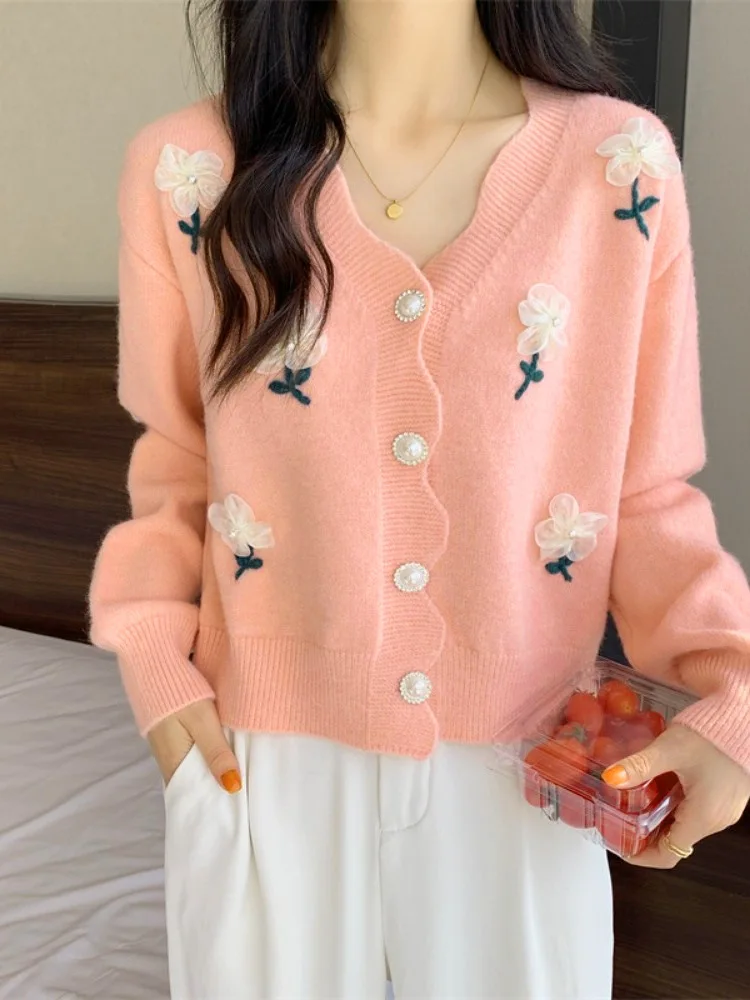 Gentle Sweet Autumn Winter Sweater Women\'s Flower Beaded Knitted Cardigan Long Sleeve Top Casual Warm Ladies Knitwears Coat