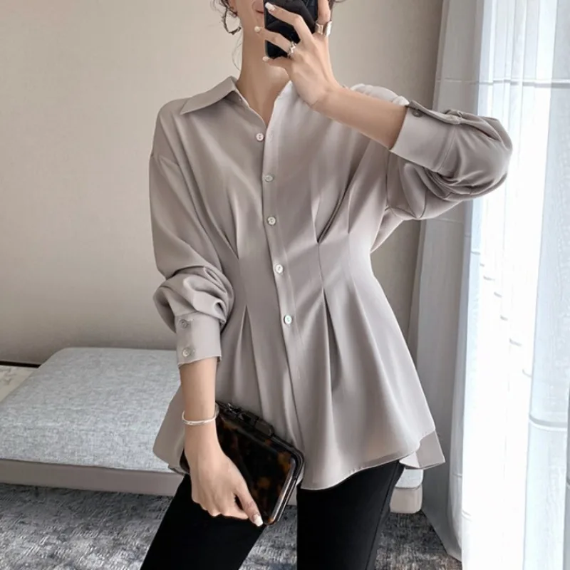 

Elegant Women Shirts Woman Waist Long Sleeve Lapel Single Breasted Sashe Shirt Office Lady Business Pleated Ruched Blouses Tops