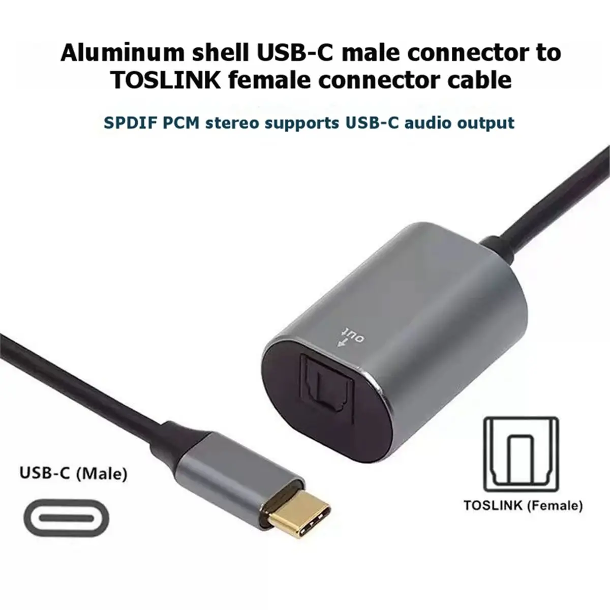 L77A USB-C Male to TOSLINK Female Connector Aluminum Shell SPDIF PCM Stereo Supports USB-C Audio Output