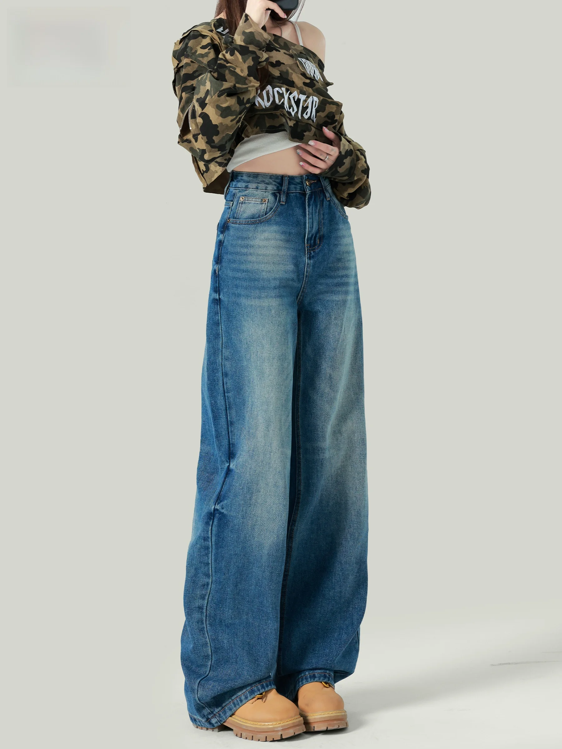 

American Style High Waist Straight Leg Denim Jeans Women's Autumn New Lazy Style Slimming Loose Washed Wide Leg Pants