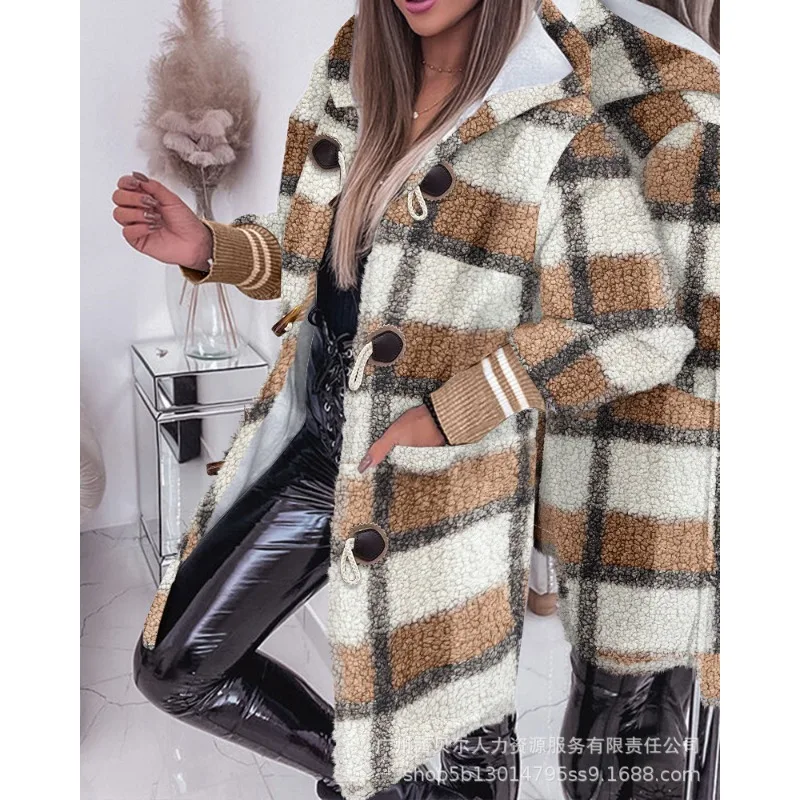 New Women Solid Color Plaid Pocket Long Hooded Coat 2023 Autumn Winter Trench Coat Women Long Sleeve Zipper Cardigan Trench Coat