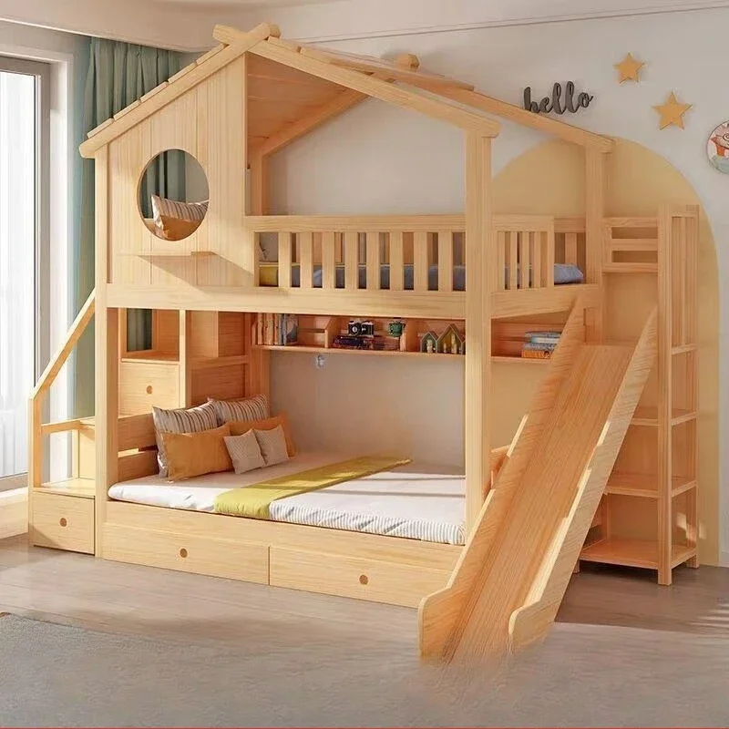 Upper and Lower Bunk Beds Full Solid Wood High and Low Mother Bed Castle Tree House Slide
