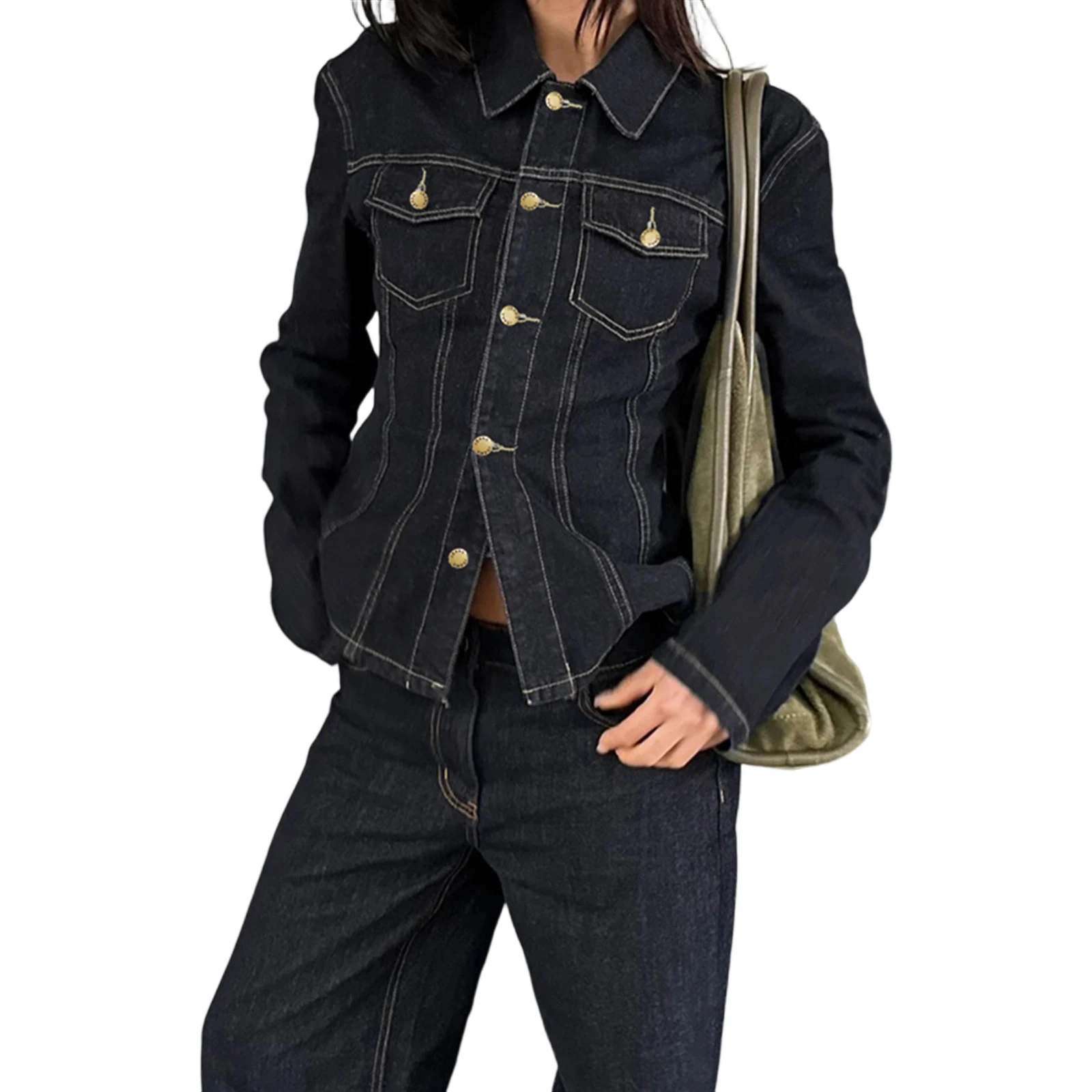 

Женские джинсовые топы с длинным рукавом, отложным воротником, однотонная куртка на пуговицах с карманами для повседневной носки