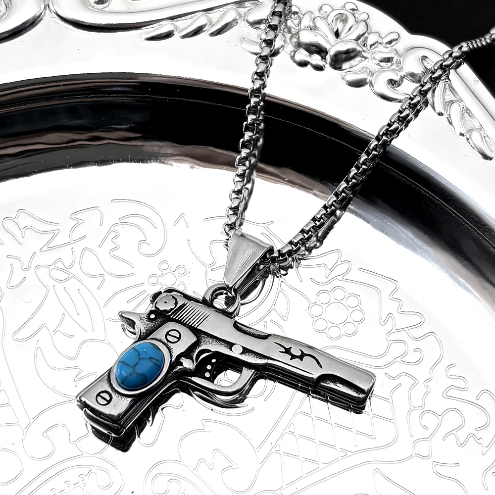 Retor Dark Punk Pistol Necklace For Women Men Stainless Steel Silver Color Turquoise Beak Street Hiphop Party Male Chain Jewelry