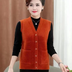 Mother Fall Winter Imitation Mink Velvet Vest Fashion V-Neck Sleeveless Jacket Middle Aged Elderly Women Waistcoat Grandma Vests