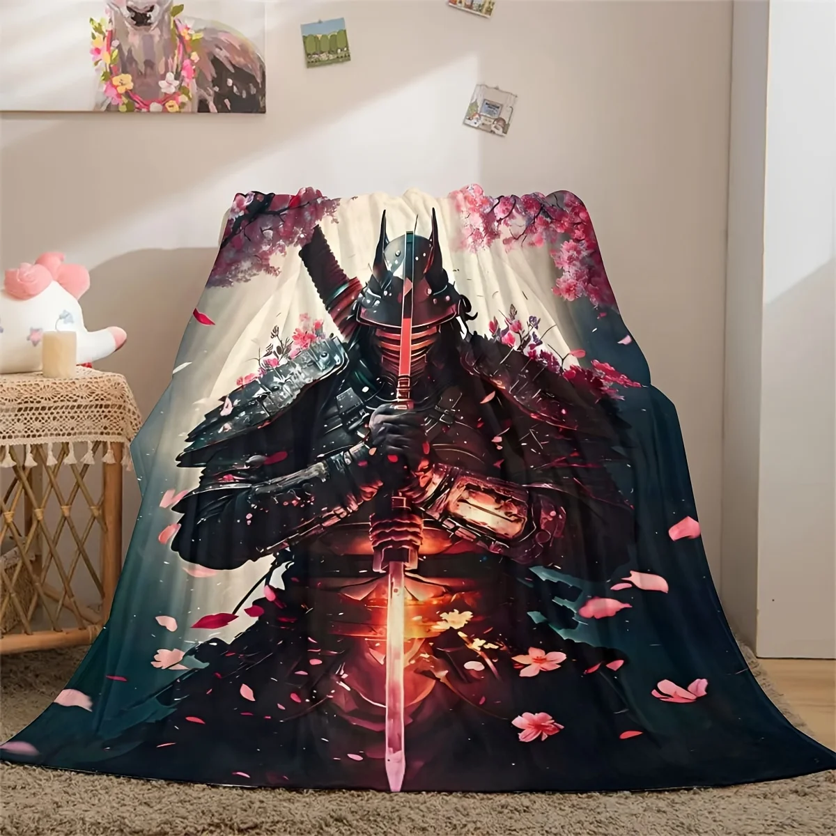 Cool Samurai Armor Sakura Falling Petals Illustration Pattern Flannel Blanket Warm Throw For Lounge Bedroom Holiday Warm Gift