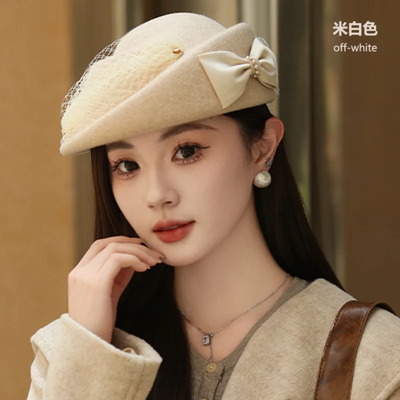 

Full wool woolen fashion hat women's winter cap felt dome hat brimless mesh veil dinner top hats bow beret cappello caps 4m607