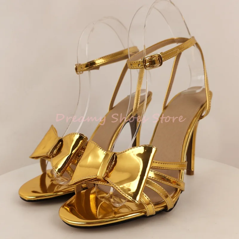 

Gold Bow Decor Buckle Strap Slingback Stiletto Sandals Women Open Tow Hollow High Heels Sweet Fashion Evening Party Dress Shoes