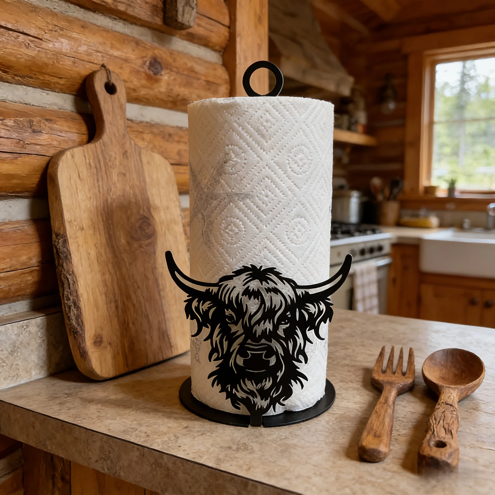 Highland Cow Pattern Wrought Iron Kitchen Paper Holder Suitable for Vintage Kitchens and Coffee Corners