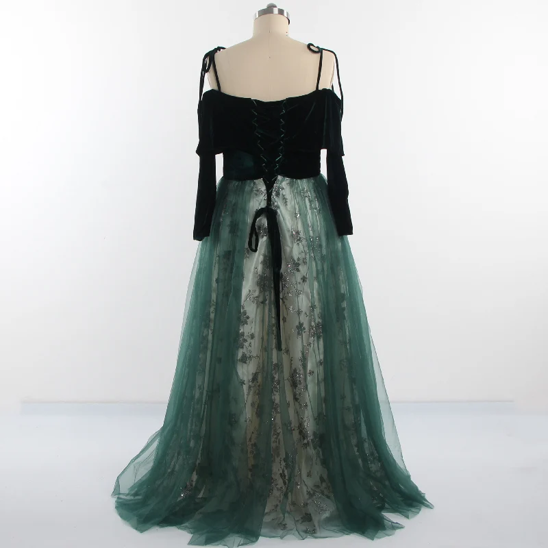 Robe de soirée en velours vert, épaules dénudées, Tulle, manches longues, ligne a, longueur au sol, paillettes, pour femmes, modèle 2022, R1261