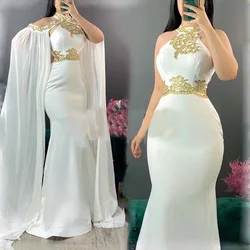 Gold Lace Appliques Evening Dresses Elegant Halter White Mermaid Gowns with Detachable Cape Sleeves Fashion Party Prom Dresses