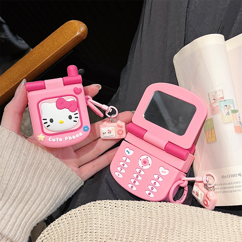 3D Flip Phone Style Hello Kitty Mirror Headphone Cover For Apple Airpods Pro 2 AirPods 4 3 2 1 Wireless Bluetooth Earphone Case