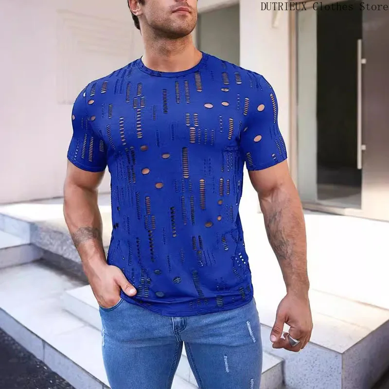 

Summer Sexy Perspective Men's T-shirt, Personality Fashion Hole Men's Short-sleeved T-shirt, Breathable Fitness Sportswear Top