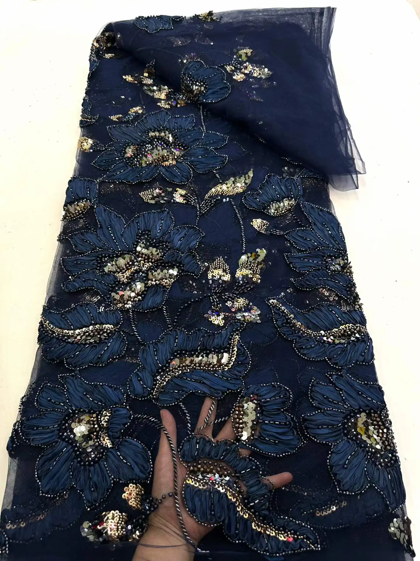 

African Beads Lace Fabric 2026 High Quality French Nigerian Embroidery Tulle Fabric For Wedding Dress Sewing3D Flower