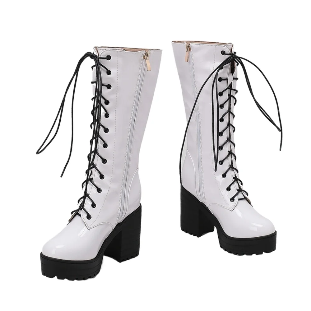 

Patent Leather Mid Calf Boots Women Chunky Heel Platform Combat Boots Plus Size 34-44 Multi Color Casual Zipper Lace Up Boot 8-8