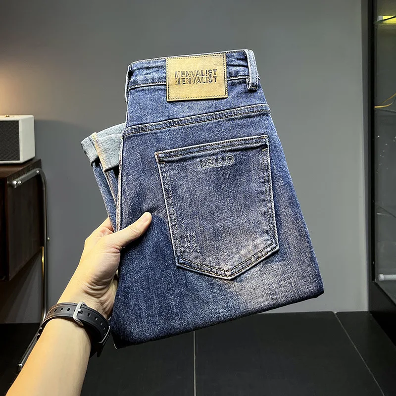 Pantalones vaqueros rasgados para hombre, Jeans ajustados al tobillo, elásticos, informales, retro, de alta gama, otoño, 2024