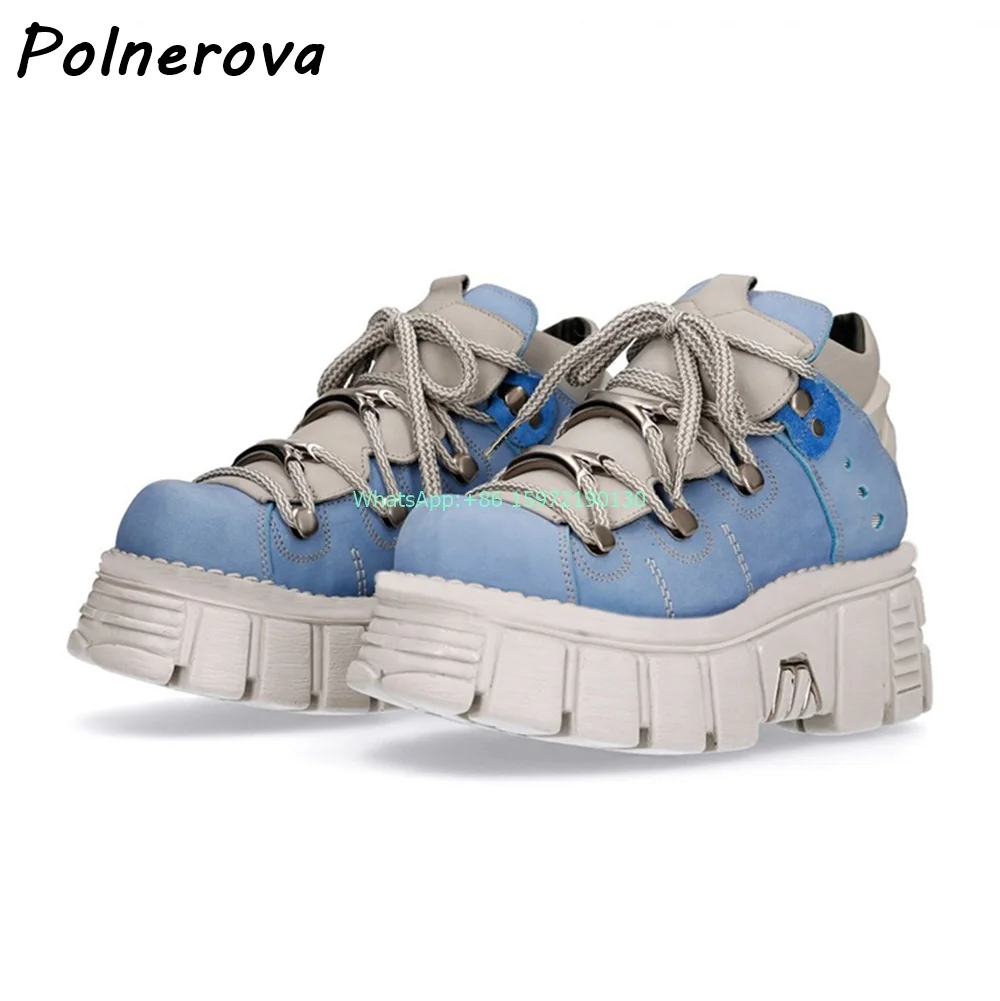 Sky Blue Mixed Colors Pumps Cross Tied Women's Shoes Shallow Casual Sewing Thick-Soled High Top Street Photo Spring Shoes