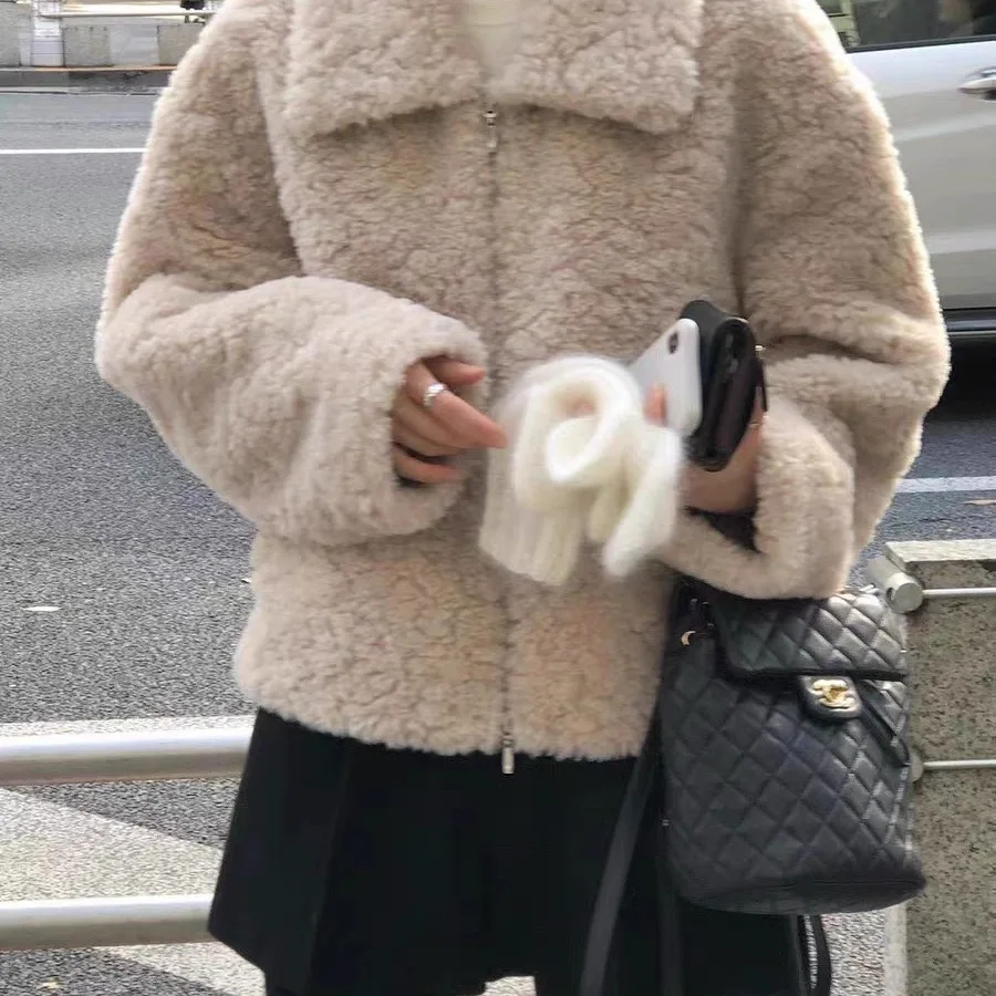 

Warm Furry Outerwear Zipper Collar Loose Fit Color Korean Sle Women's ort Coat Soft Plu Lamb Fur Jaet