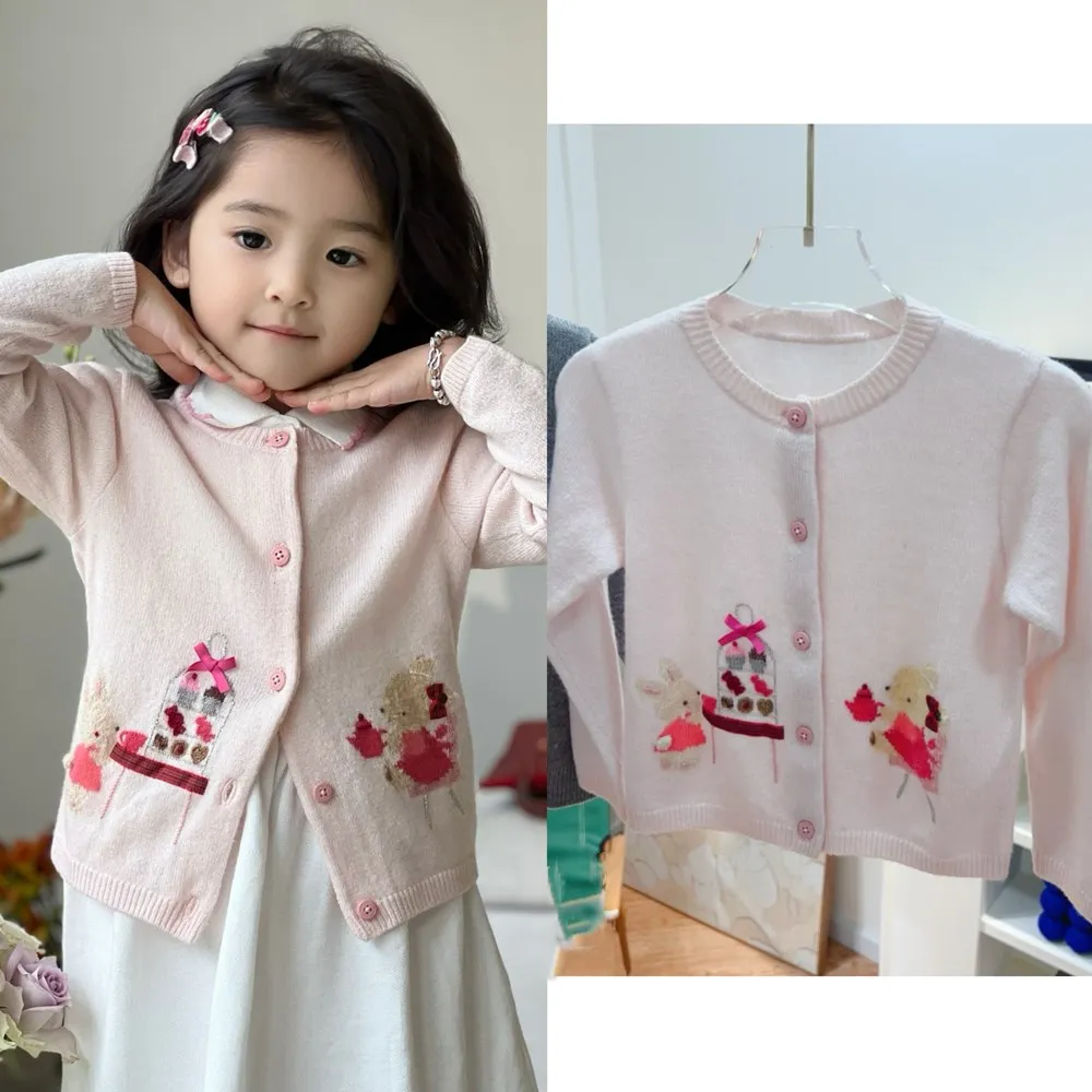 

girls clothes baby outerwear Sweet pink cartoon pattern knitted cardigan Girls' sweater coat