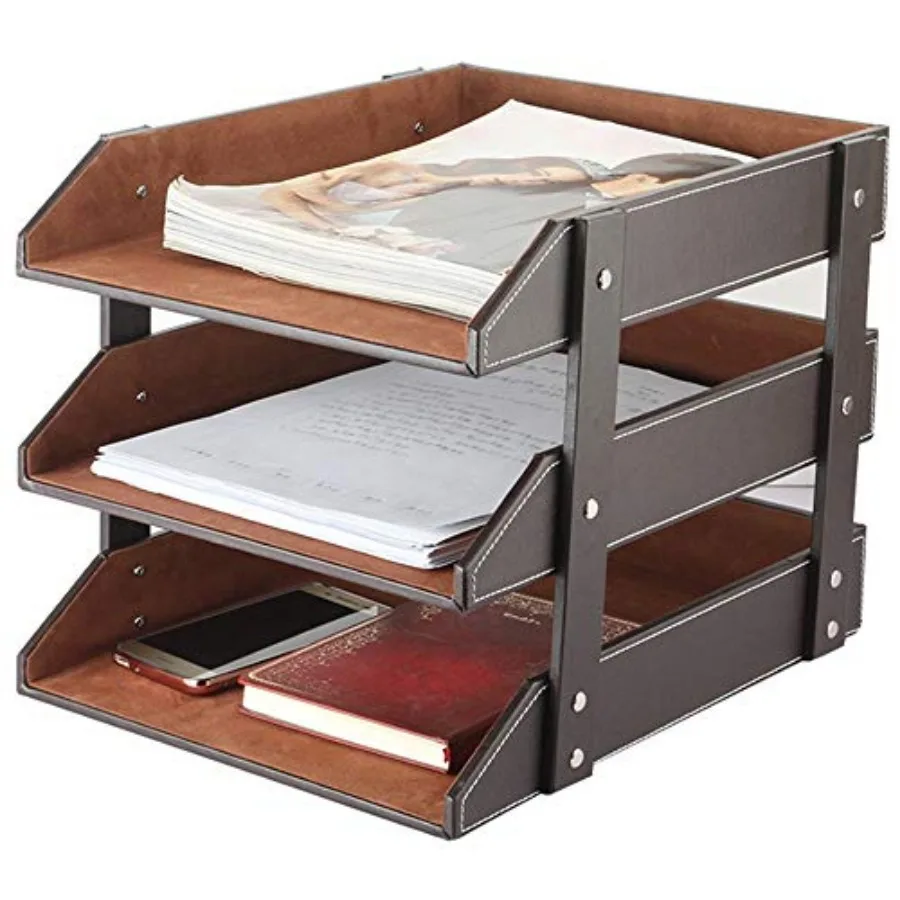 

Very Sturdy 3 Tier Leather Desk File Rack for Office Supplies/Stationery/Folder, Stackable Letter Tray Organizer, Document Fili