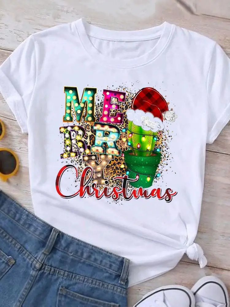 Clothing New Year Cactus Plant Style Cute Graphic T Shirt Print Women Holiday T-shirt Top Fashion Christmas Short Sleeve Tees