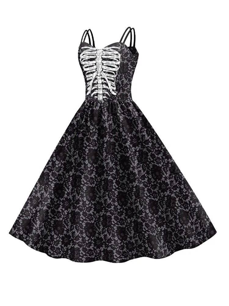 Vintage Gothic Doppelriemen-Swingkleid mit Skelett-Brustmuster, mehrfarbigem Blumen- und Totenkopf-Aufdruck, Damen-Halloween-Cosplay-Kostüm – Detail 9