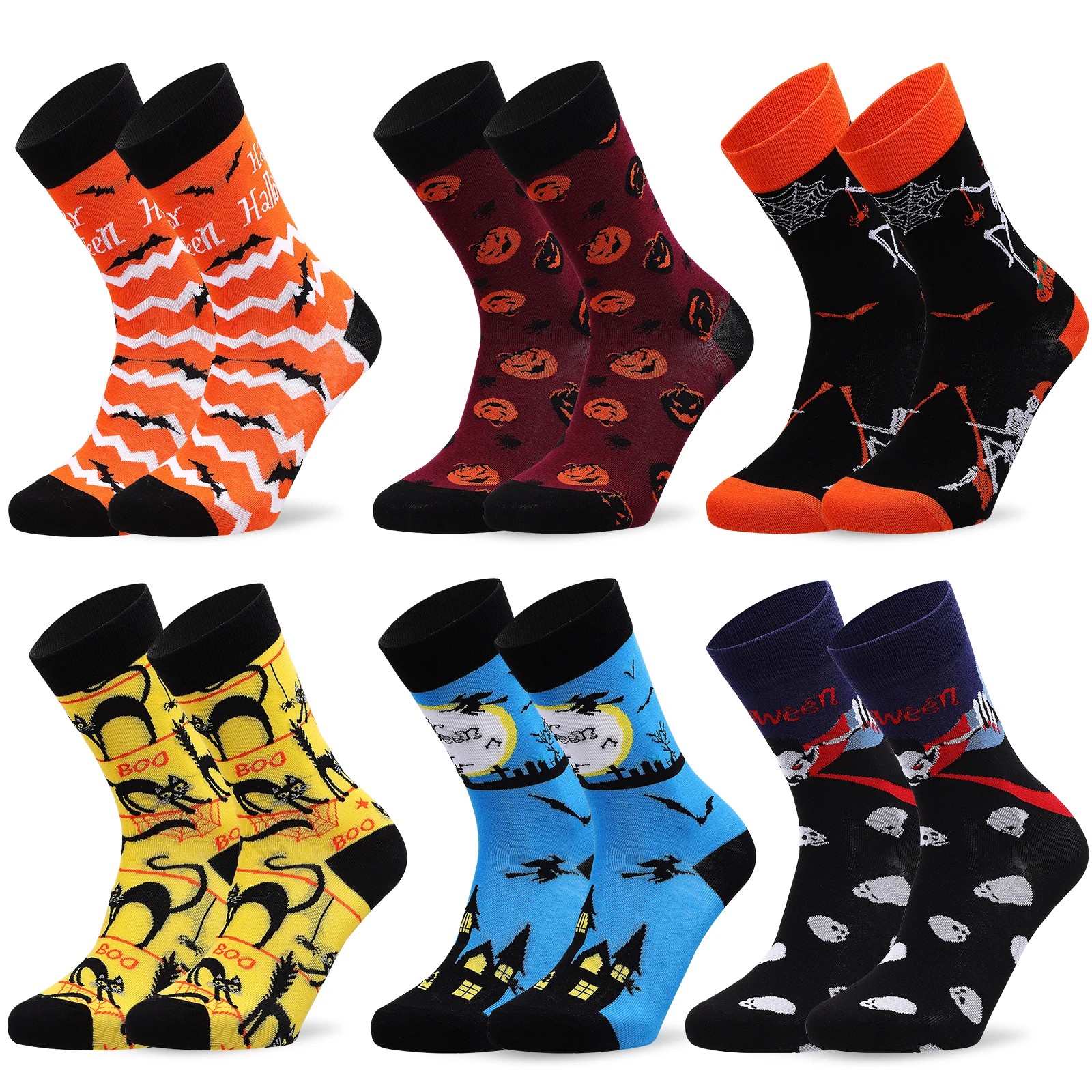 

6 Pairs Halloween Crew Stylish Pumpkin Cotton Socks Spooky Comfortable Unisex Lightweight Casual Patterned Socks
