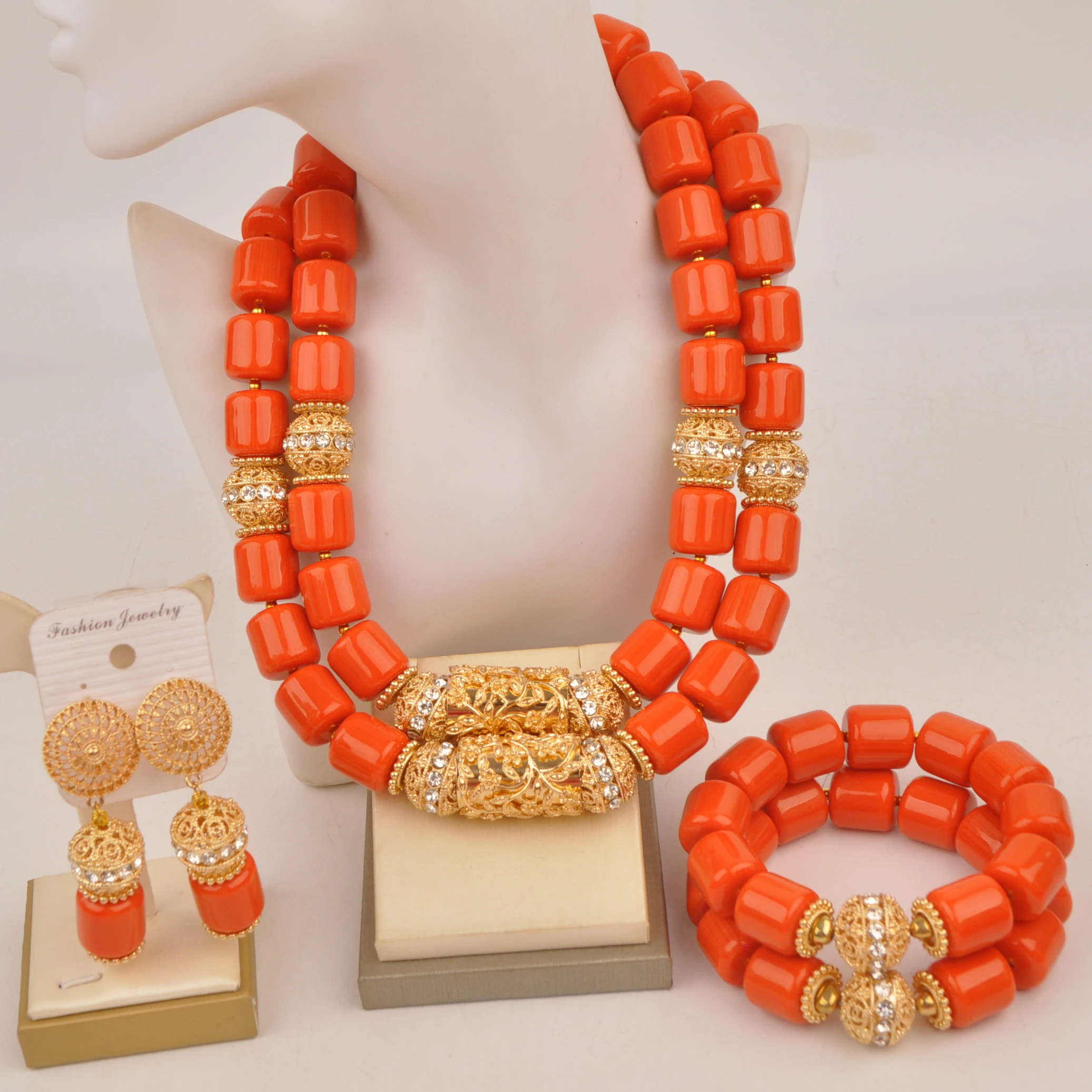 Nigerian bride wedding jewelry orange imitation coral necklace African women's jewelry set XIN-239