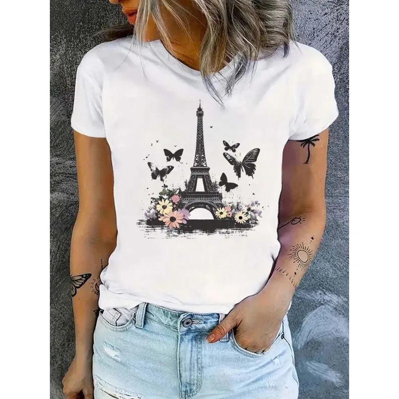 

Eiffel Tower Print Womens Fashion Summer T-Shirt Girls Round Neck Casual Fun Y2K Tops T-Shirt Women's 90s Cotton Clothing