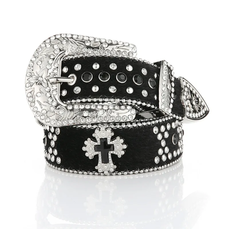 

Fashion Gothic Bling Studded Design Cross Dazzling Rhinestone Belt Western Cowgirl Faux Leather Diamond Y2k Belt for Jeans Dress