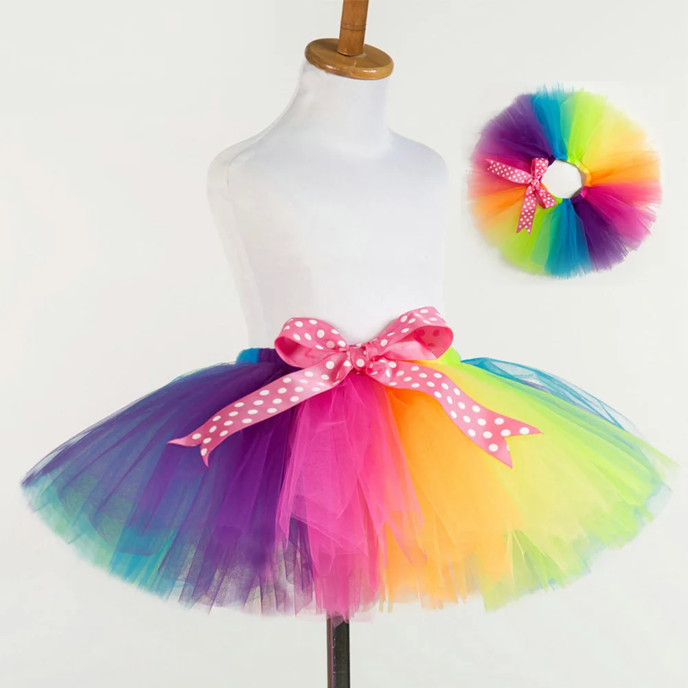 

Rainbow Skirt Multilayer Mesh Dress Breathable Elastic Waist Bowknot Girls Costume Party Carnival Unicorn Tutu Skirt Adjustable
