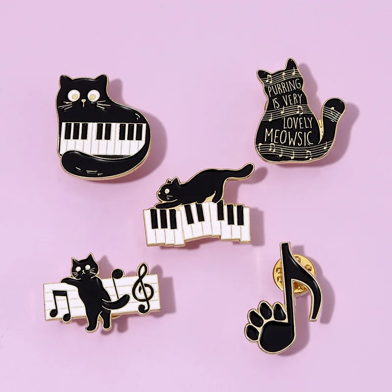 Black And White Keys On The Piano Enamel Pins Cat And Musical Note Brooches Lapel Badges Concert Gift For Art Friends Wholesale