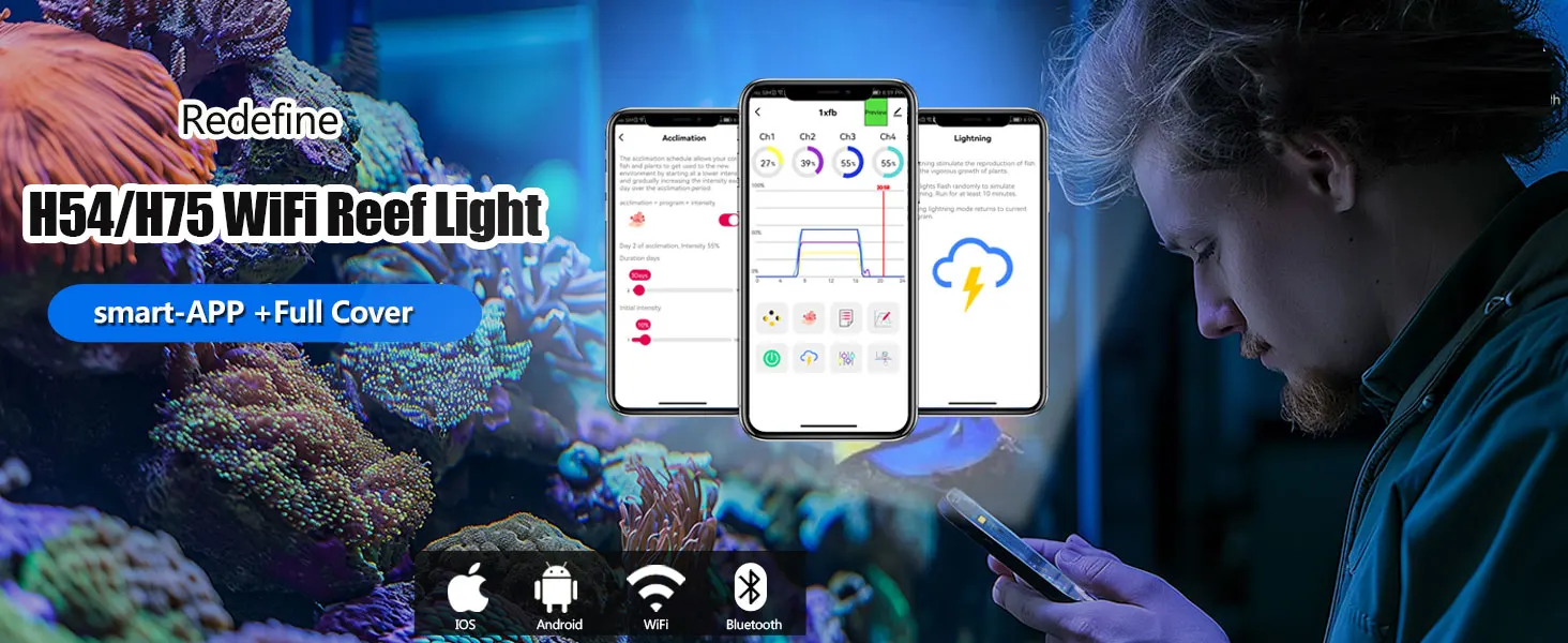 NEW PopBloom WiFi Led Aquarium Light, Full Spectrum Marine Aquarium Lamp For 60-240cm Reef Corals Seawater Led Fish Tank Lights