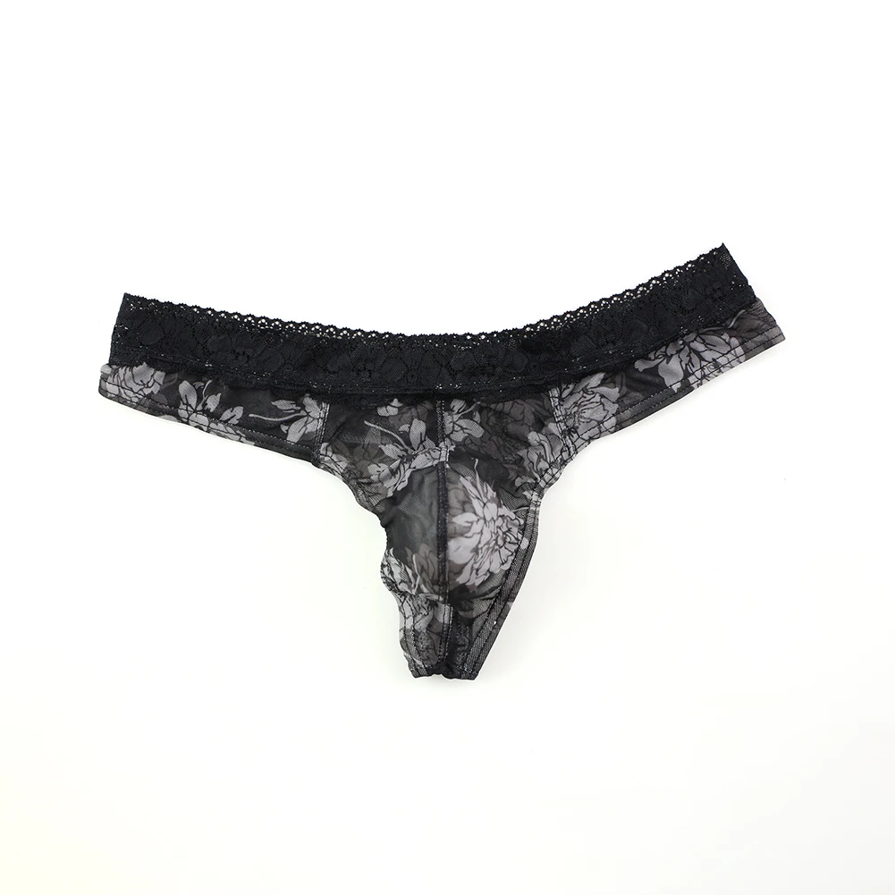 

Sophisticated Men's Low Waist Lace Print Briefs G String Thongs Sheer Underwear T Back Panites Deep Blue M 2XL