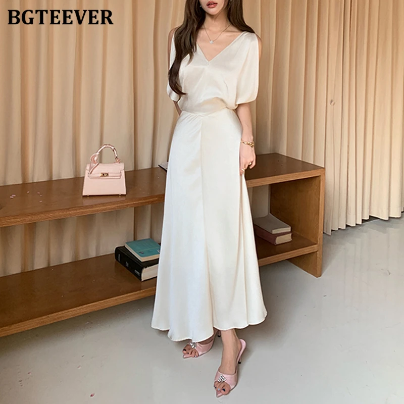 

BGTEEVER Elegant Spring Summer Slim Waist Lace-up Women A-line Dress Stylish V-neck Ladies Sleeveless Mid-Length Satin Dress