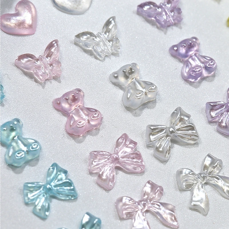 50 Uds 3D Aurora lazo de resina transparente corazón Nail Art Charms lindo oso mariposa brillo decoración de uñas suministros accesorios de joyería