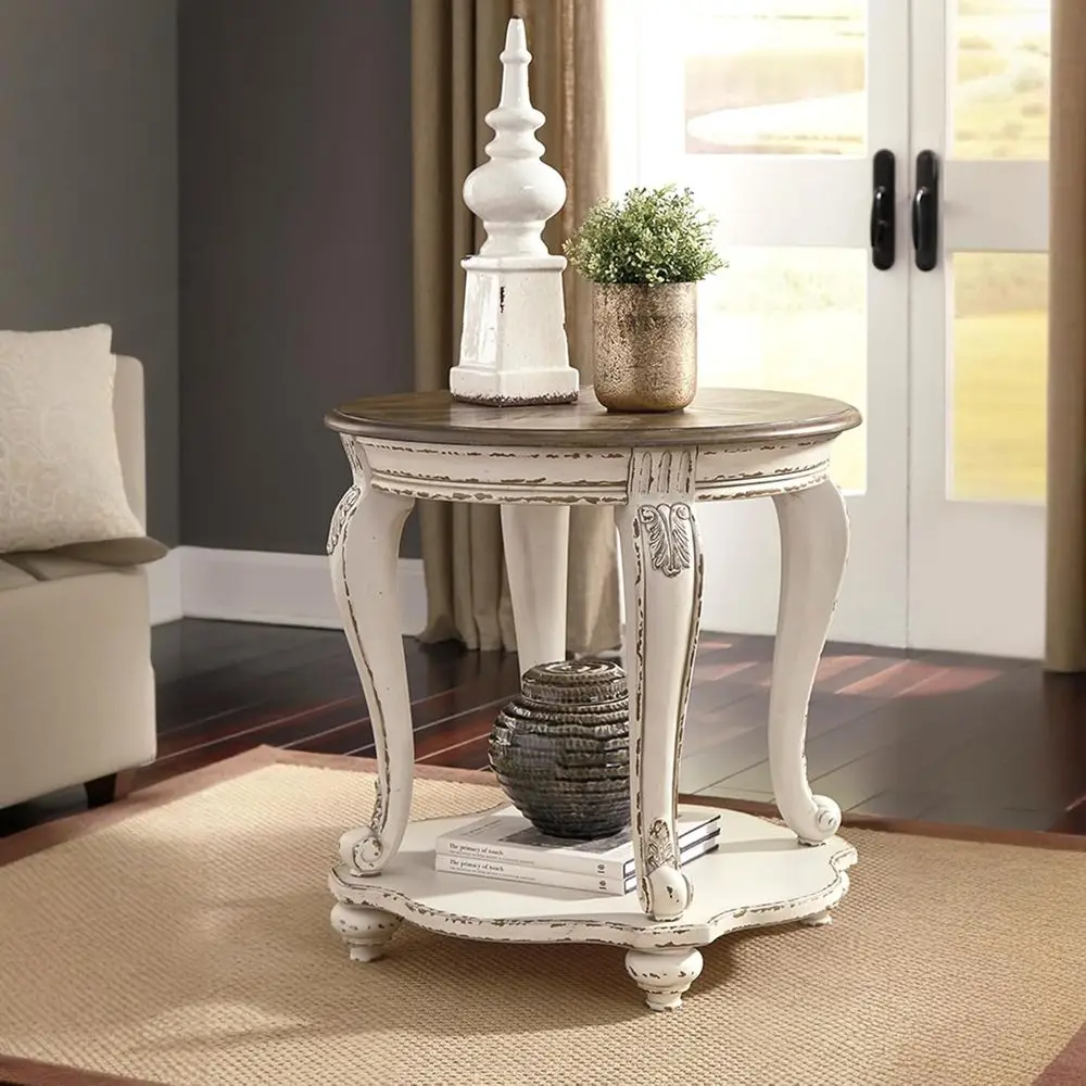 Realyn Round End Table, Cottage-Style Side Table with Antiqued Two-Tone inish, Wood & Veneer truction or Living Room or Bedroom,
