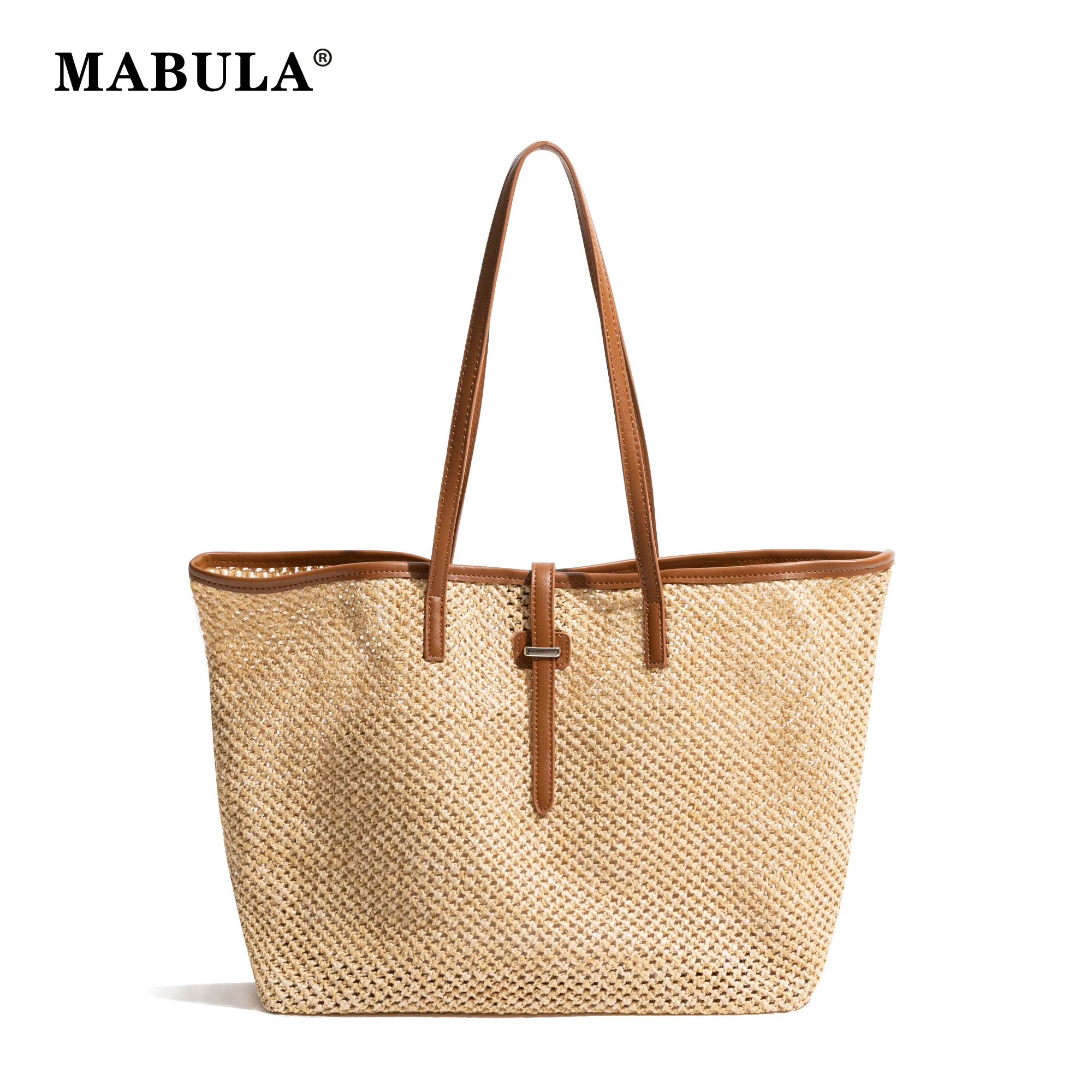 MABULA Square Straw Tote Handbag For Woman Large Capacity Vintage 2pcs Set Female Shouder Purse Simple Casual Beach Ladies Bag