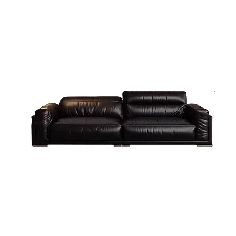sofa, first layer cowhide Bauhaus black retro oil wax, leather living room straight row sofa