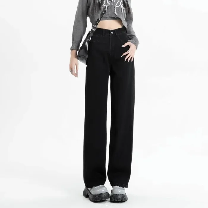 جديد أسود فضفاض الجينز الشارع الشهير خمر النساء عالية الخصر فضفاض الجينز النساء السراويل زر النساء السراويل مستقيم واسعة الساق الجينز