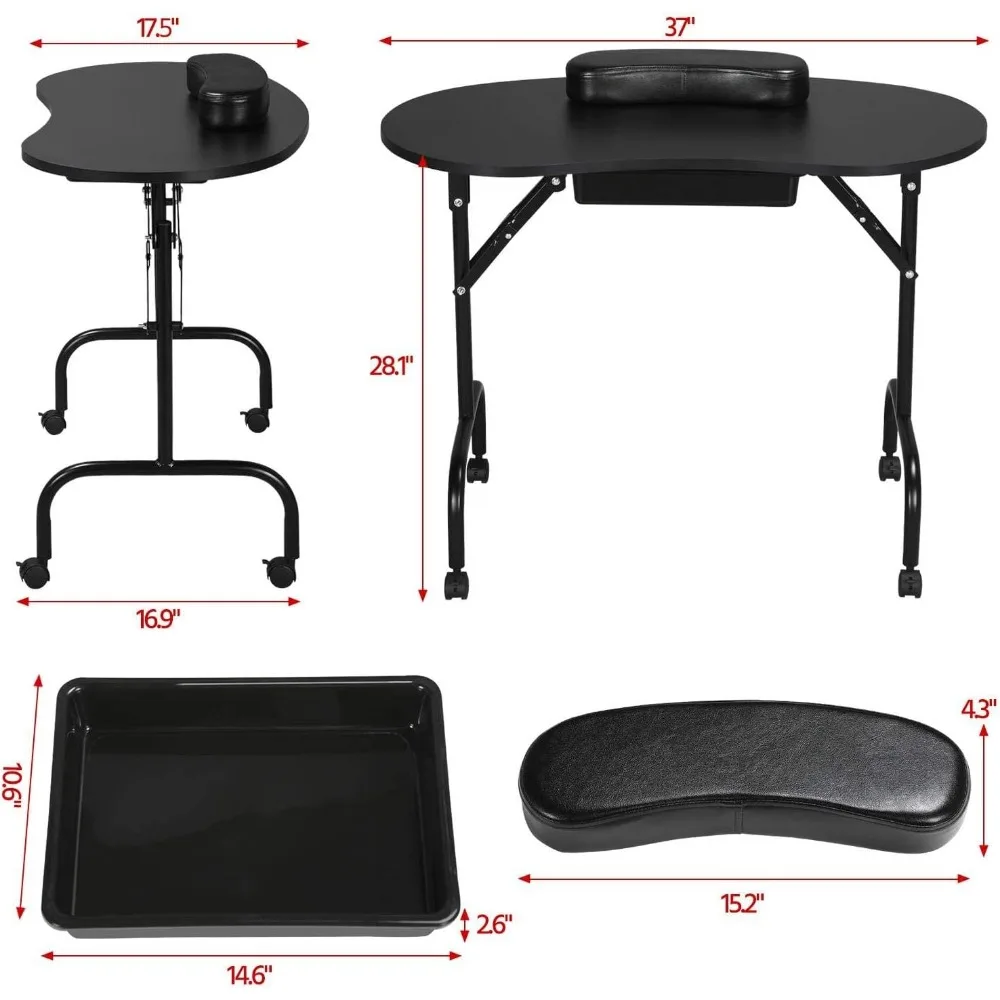 Mesa de manicure portátil e dobrável, Nail Desk, estação de trabalho com gaveta grande, rodas controláveis, para Spa Beauty Salon, 37"