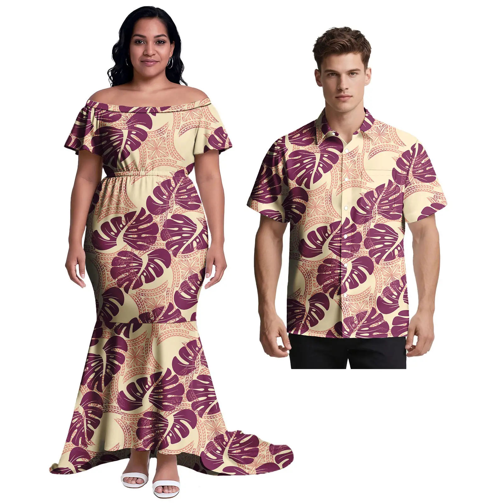 Monstera ليف الباردة الكتف النساء فستان الرجال ألوها تي شيرت هاواي ملابس مخصصة ساموا بولينيزيا زوجين عادية 2 الأسعار مجموعات #2