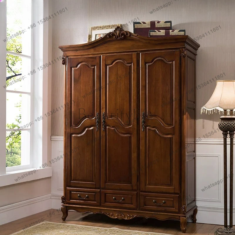 American all-solid wood wardrobe European three-door retro bedroom large wardrobe